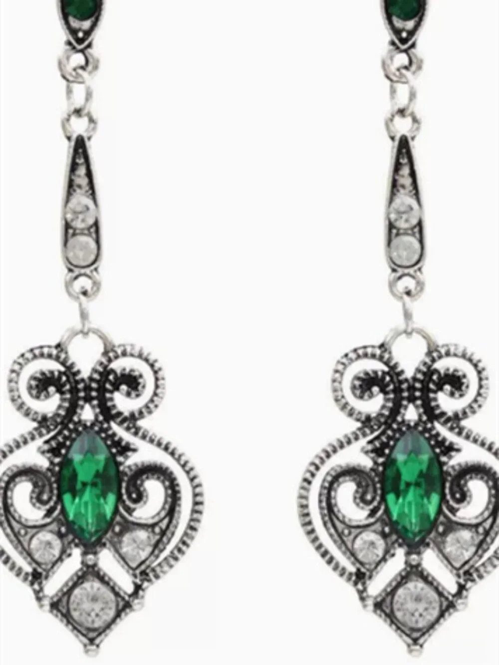 Silver Tone Vintage Filigree Green & Clear CZ Long Chain Drop Dangle Earrings Fo